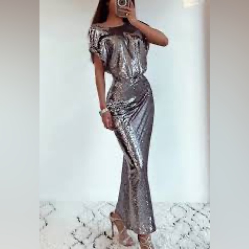 Zara Women’s Sequined Long Dress in Silver